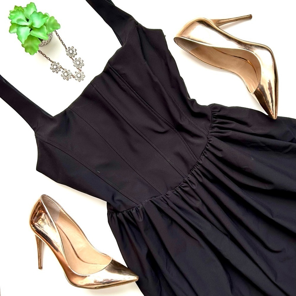 Zara Ruched Corset Dress Black Square Neck V-Waist Size L - Picture 2 of 15
